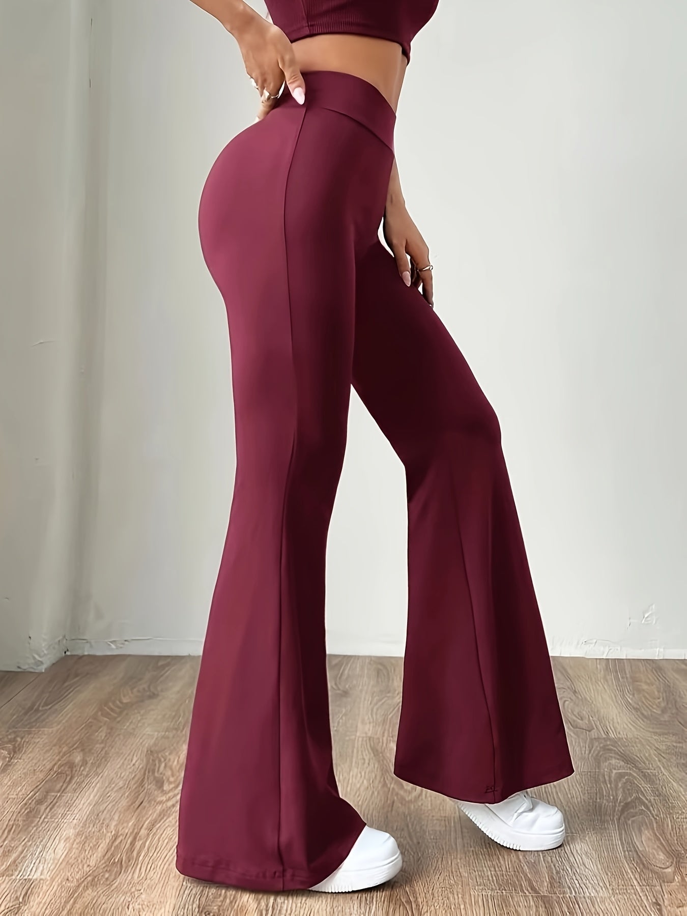 Women's High-Waisted Flare Pants | Burgundy Polyester-Spandex Blend | Stretchy, Non-Transparent | Machine Washable & Dry Clean Safe | Casual Style for All Seasons | Comfort Fit with Elastic Waistband, High Waisted Leggings